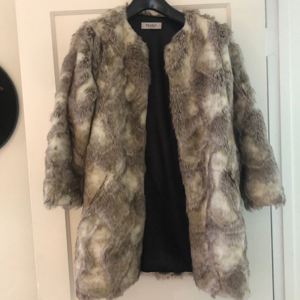 BeSable LA Faux Fur Ivory/Grey/Tab Midi Coat- M